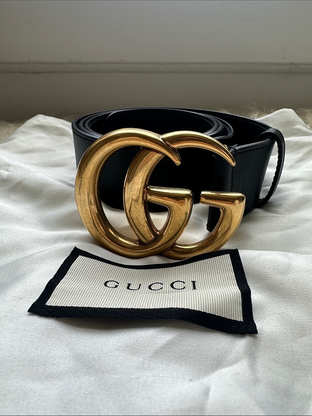Gucci Black Leather Belt with Oversized Gold Double G Buckle